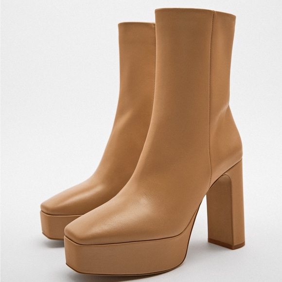 Zara Shoes - NEW Zara Platform Heel Tan Nude Leather Ankle Boots Booties 2114/010